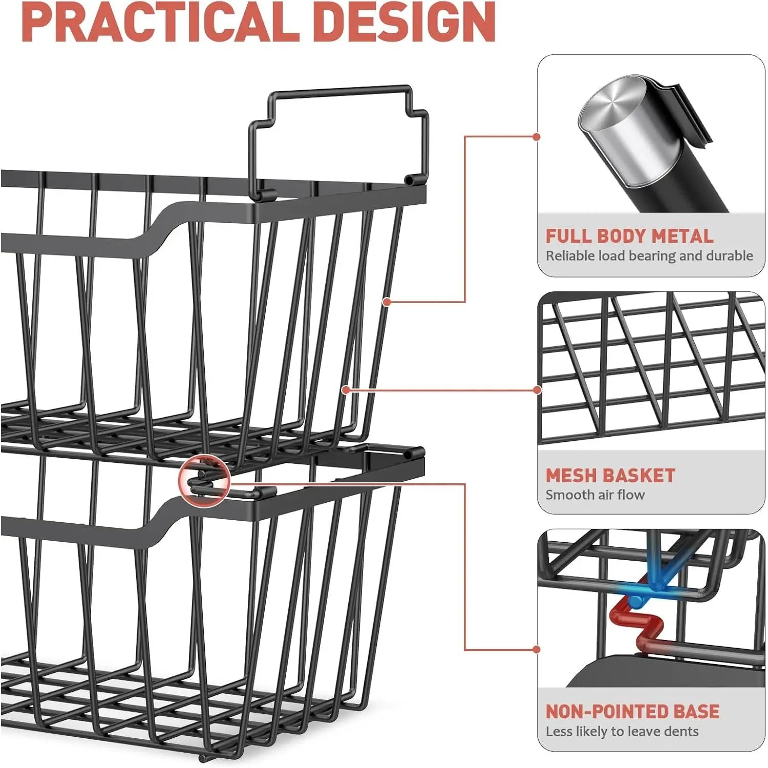 VANCASTLE Freezer Organizer Bins with Foldable Handle, Stackable Freezer Baskets for 3.5-7 Cu.Ft Deep Chest Freezer Organization, Coated Metal Freezer Storage Bins with Better Space Utilization