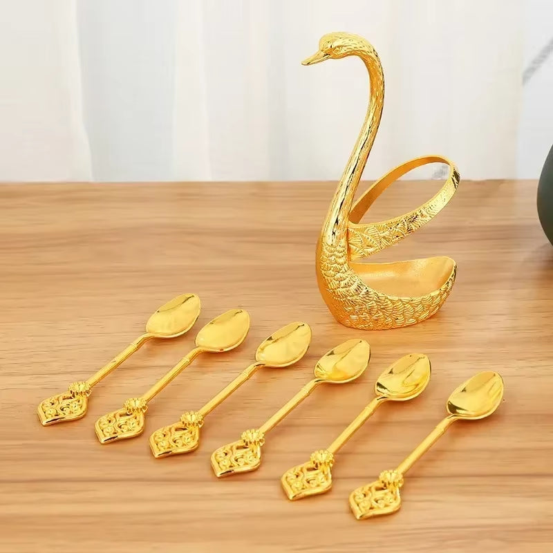 6Pcs Dessert Spoon Ice Cream Cake Scoop Swan Shaped Base Afternoon Tea Spoons Creative Zinc Alloy Tableware Kitchen Supplies