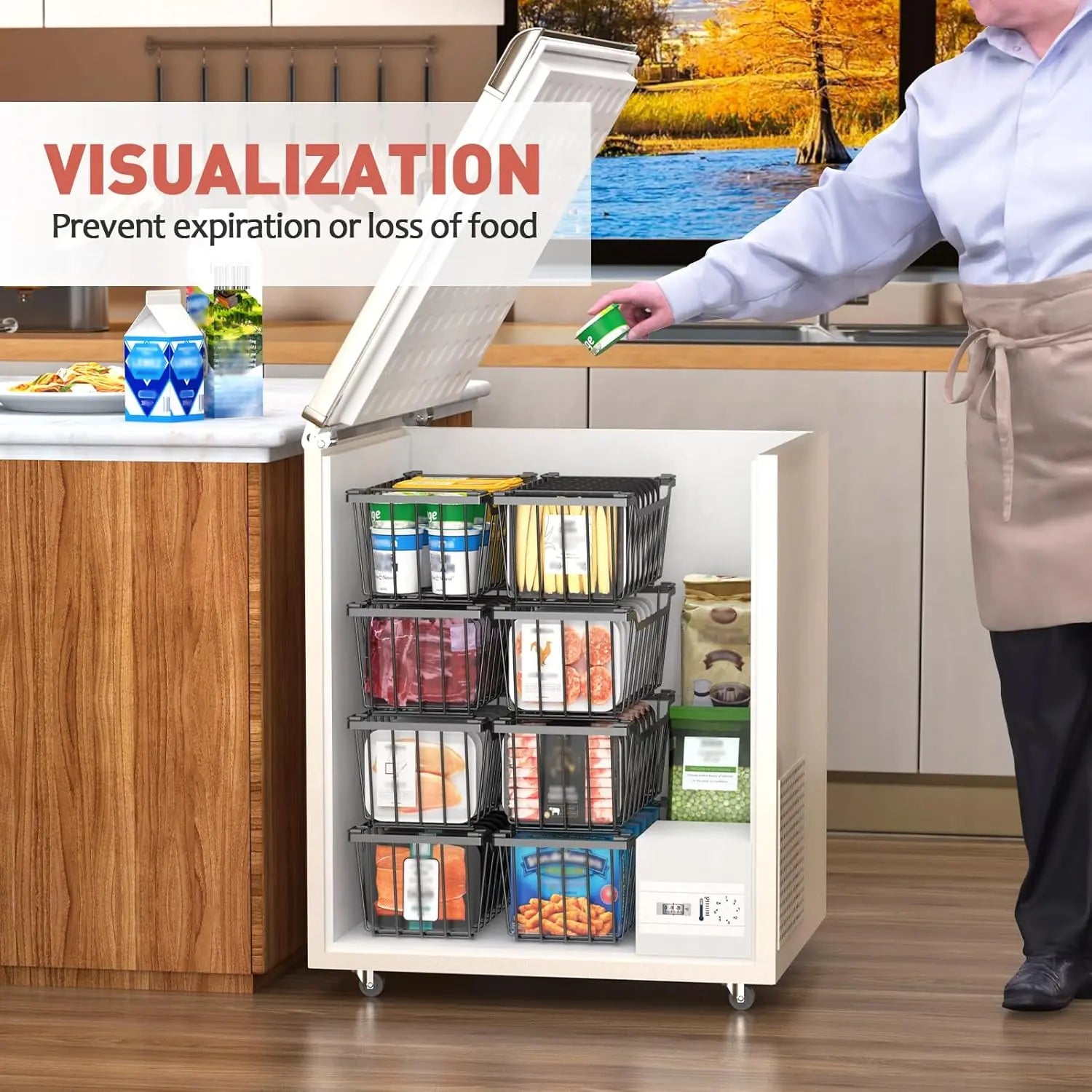VANCASTLE Freezer Organizer Bins with Foldable Handle, Stackable Freezer Baskets for 3.5-7 Cu.Ft Deep Chest Freezer Organization, Coated Metal Freezer Storage Bins with Better Space Utilization