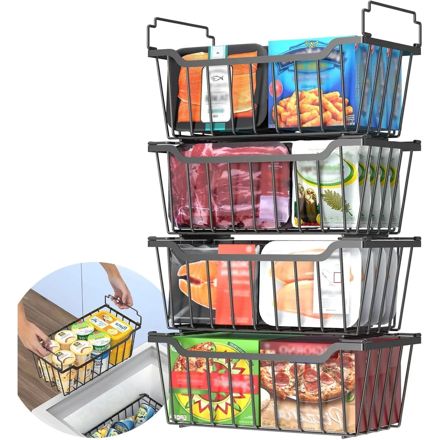 VANCASTLE Freezer Organizer Bins with Foldable Handle, Stackable Freezer Baskets for 3.5-7 Cu.Ft Deep Chest Freezer Organization, Coated Metal Freezer Storage Bins with Better Space Utilization