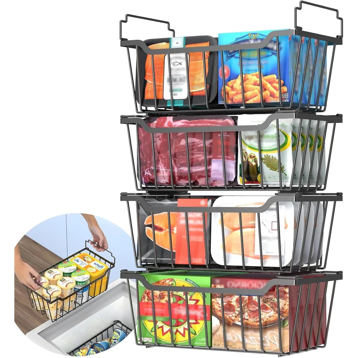 VANCASTLE Freezer Organizer Bins with Foldable Handle, Stackable Freezer Baskets for 3.5-7 Cu.Ft Deep Chest Freezer Organization, Coated Metal Freezer Storage Bins with Better Space Utilization
