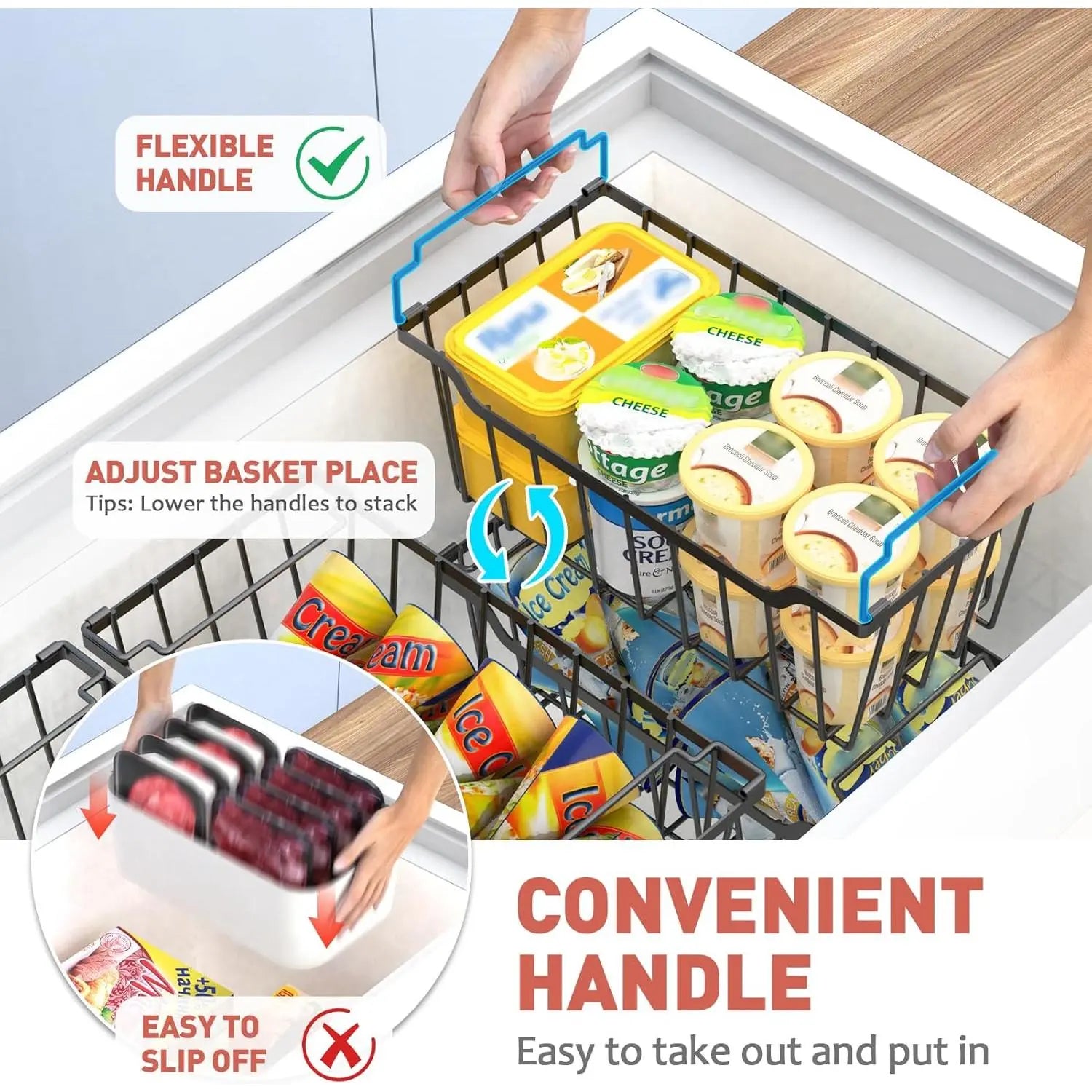 VANCASTLE Freezer Organizer Bins with Foldable Handle, Stackable Freezer Baskets for 3.5-7 Cu.Ft Deep Chest Freezer Organization, Coated Metal Freezer Storage Bins with Better Space Utilization