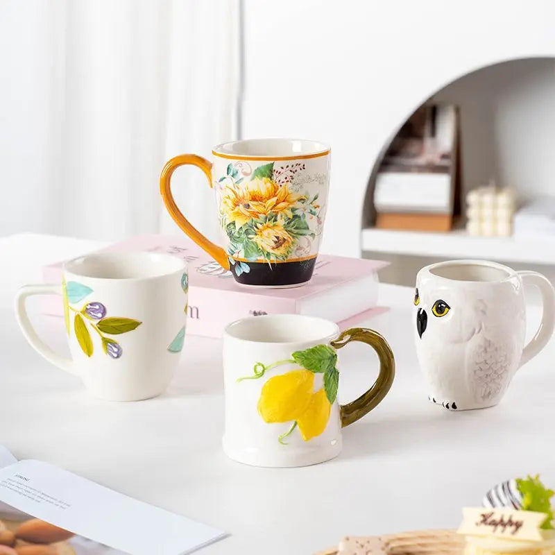 European Ceramic Strawberry Mushroom Coffee Cup with Lid Creative Cartoon Ceramic Mug Exquisite Afternoon Tea Latte Coffee Mug