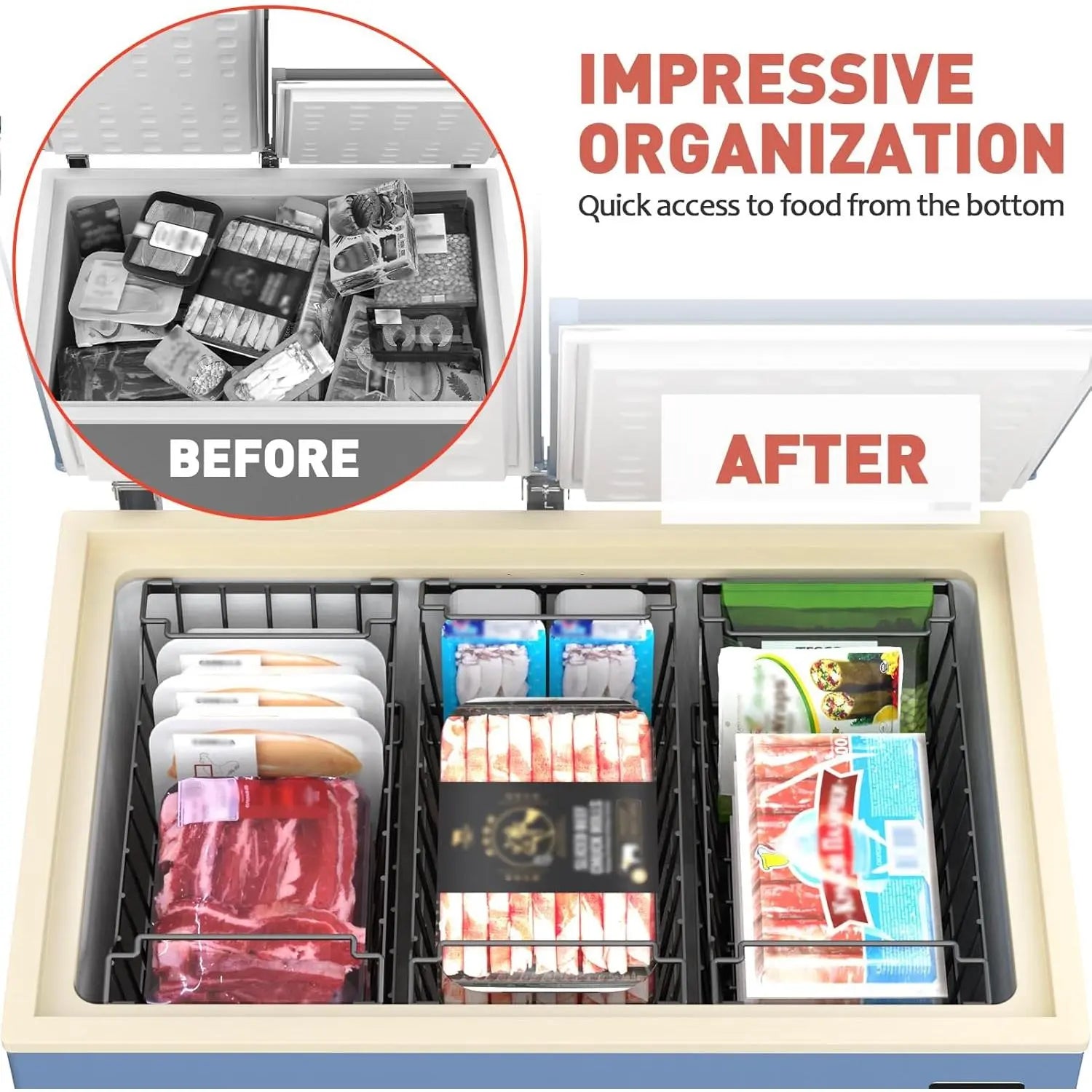 VANCASTLE Freezer Organizer Bins with Foldable Handle, Stackable Freezer Baskets for 3.5-7 Cu.Ft Deep Chest Freezer Organization, Coated Metal Freezer Storage Bins with Better Space Utilization
