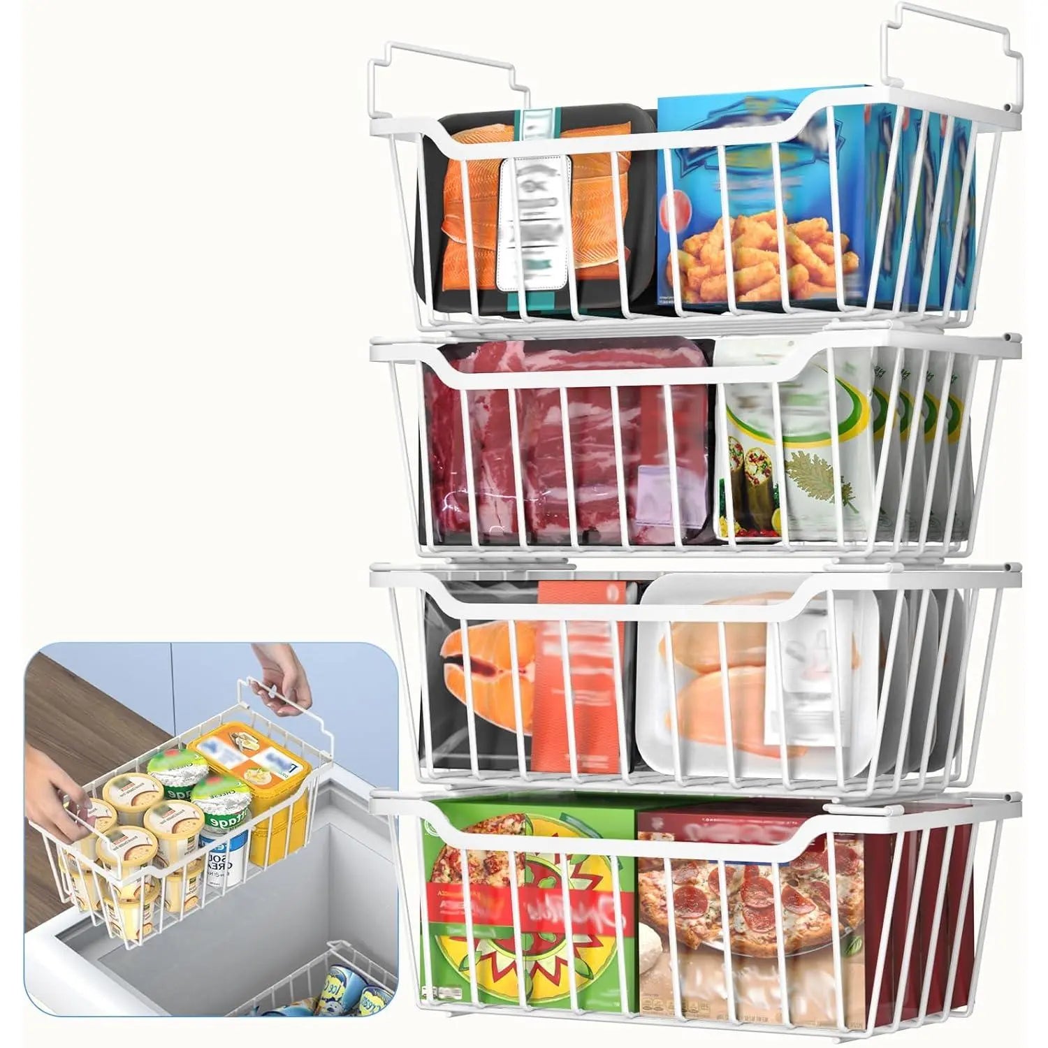 VANCASTLE Freezer Organizer Bins with Foldable Handle, Stackable Freezer Baskets for 3.5-7 Cu.Ft Deep Chest Freezer Organization, Coated Metal Freezer Storage Bins with Better Space Utilization