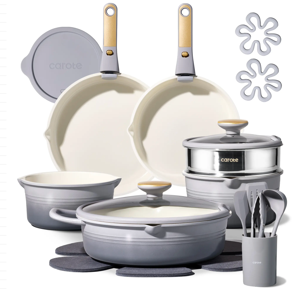 [Official]Carote 22Piece Gradient Color Ceramic Cookware Set Nonstick with Detachable Handle,Steamer, Utensils Set, Big Capacity