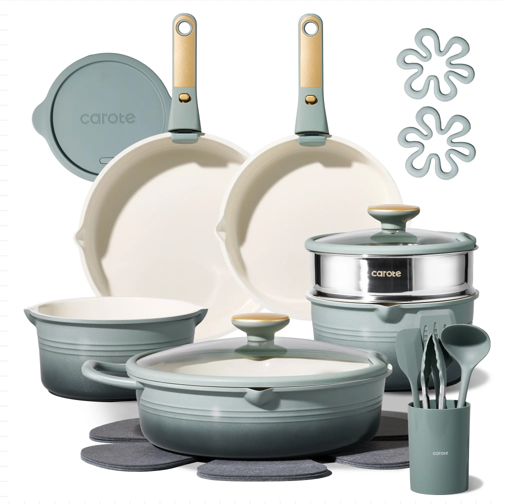 [Official]Carote 22Piece Gradient Color Ceramic Cookware Set Nonstick with Detachable Handle,Steamer, Utensils Set, Big Capacity