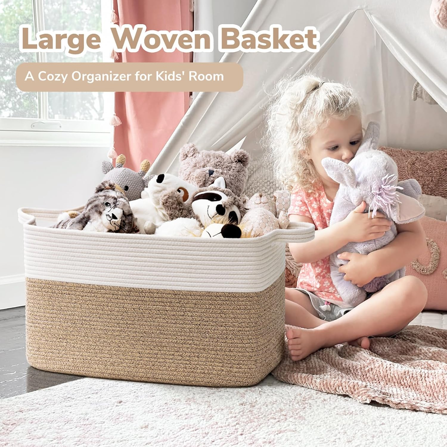 75L Large Cotton Rope Storage Basket – Woven Blanket & Toy Organizer with Handles