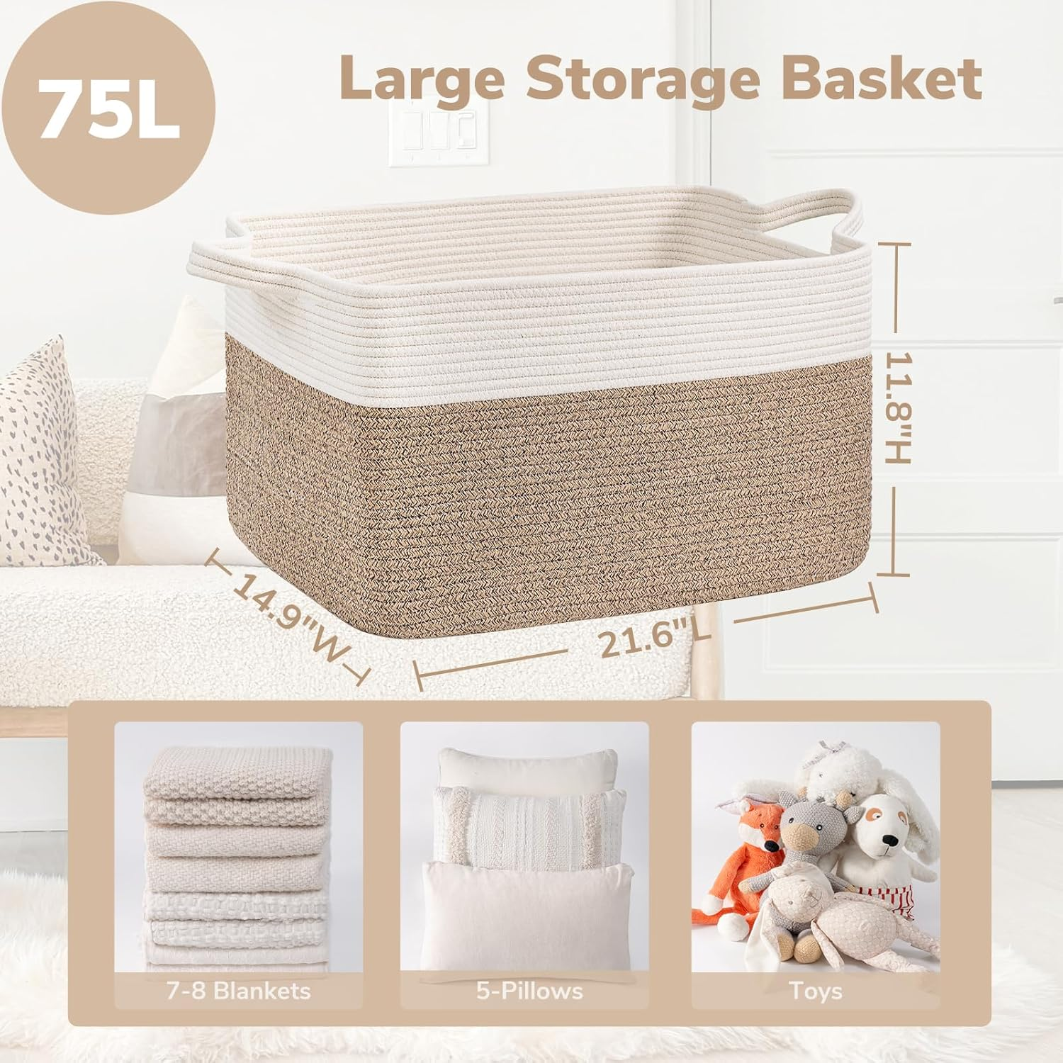 75L Large Cotton Rope Storage Basket – Woven Blanket & Toy Organizer with Handles