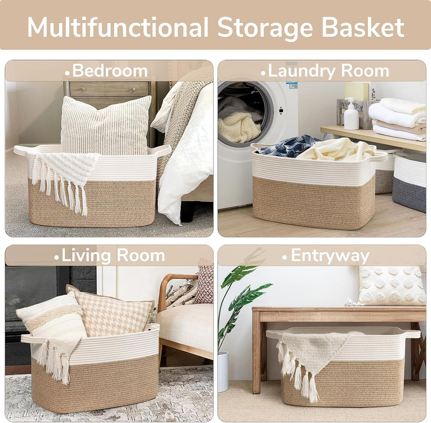 75L Large Cotton Rope Storage Basket – Woven Blanket & Toy Organizer with Handles