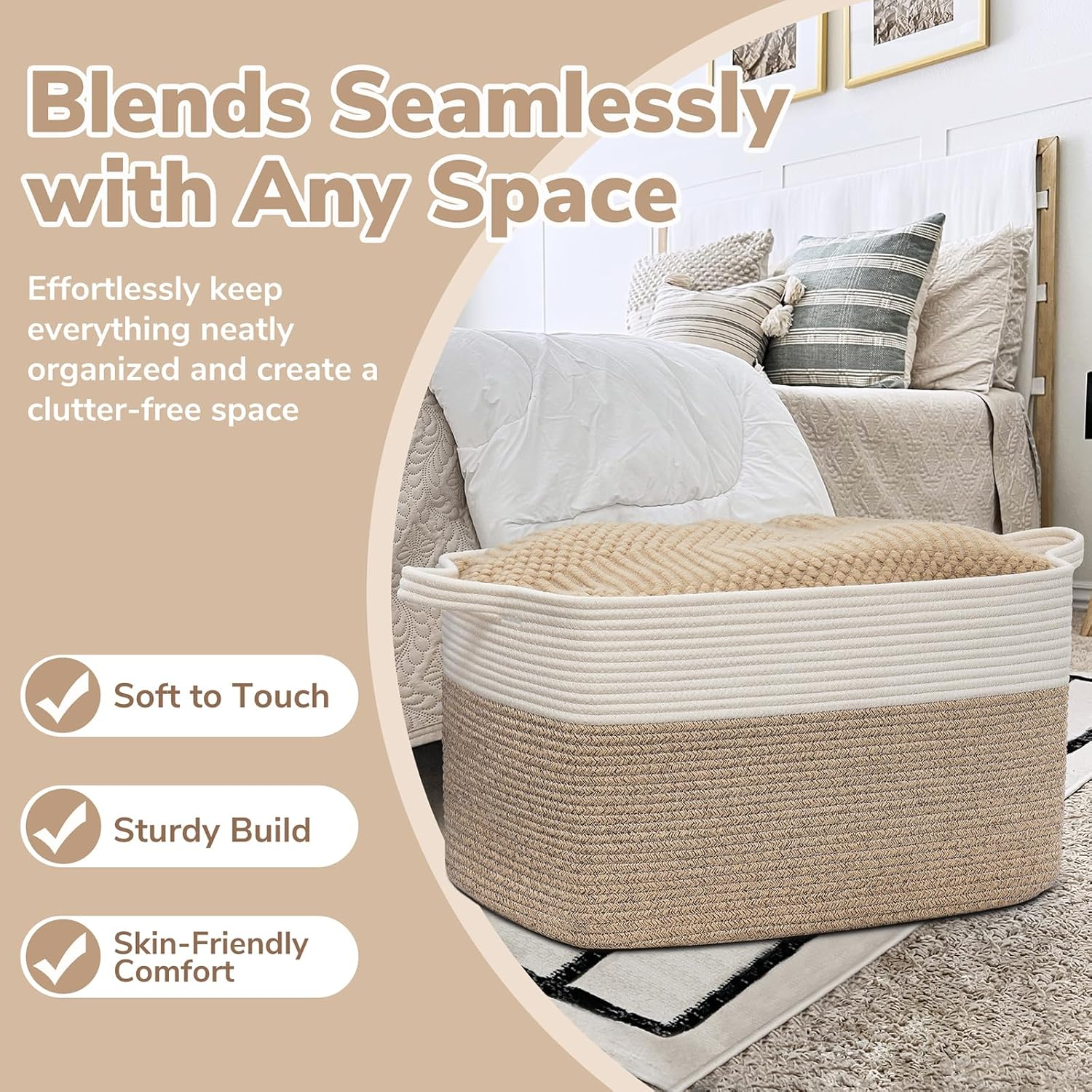 75L Large Cotton Rope Storage Basket – Woven Blanket & Toy Organizer with Handles