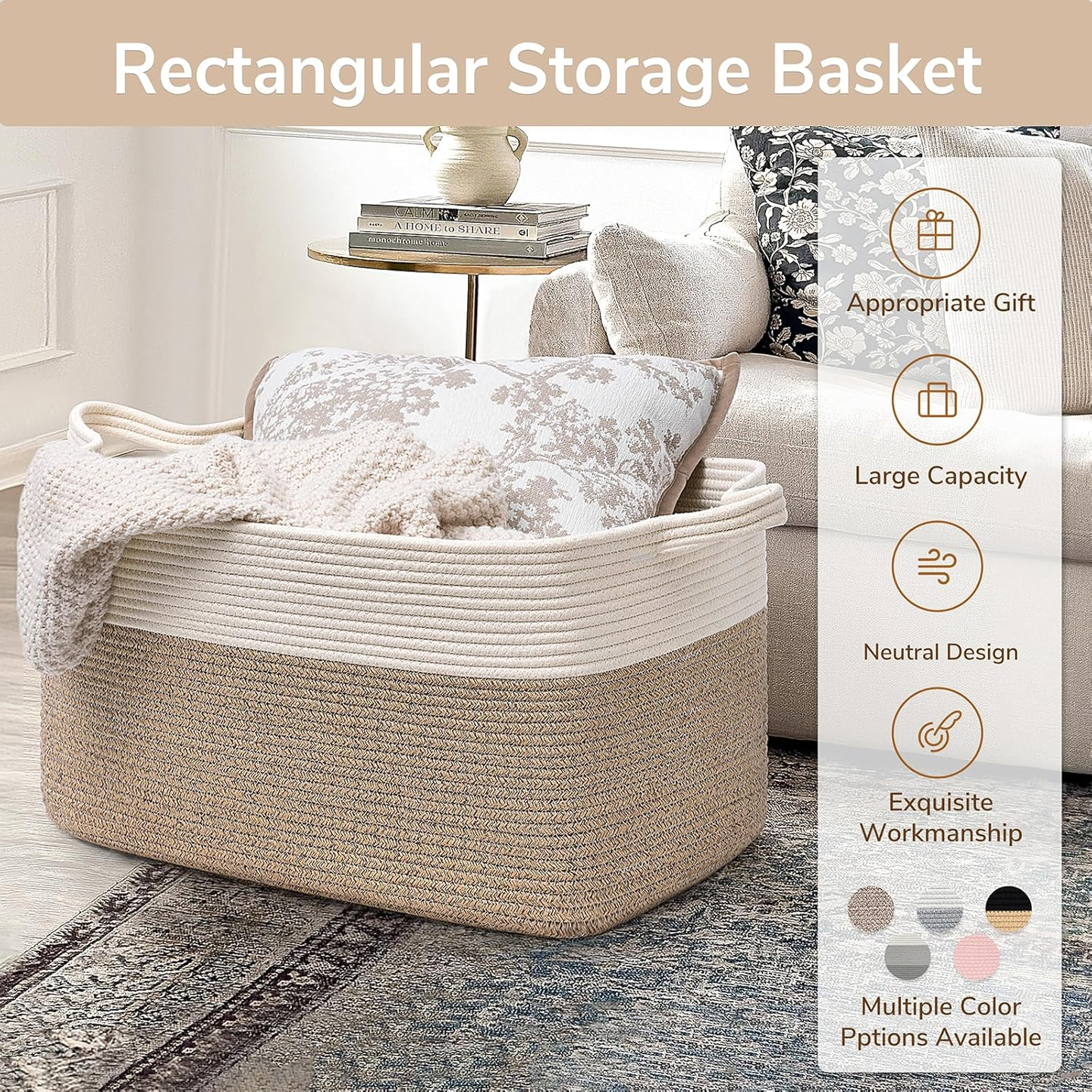 75L Large Cotton Rope Storage Basket – Woven Blanket & Toy Organizer with Handles