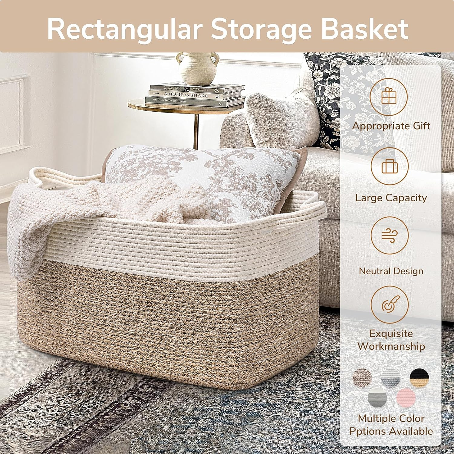 75L Large Cotton Rope Storage Basket – Woven Blanket & Toy Organizer with Handles