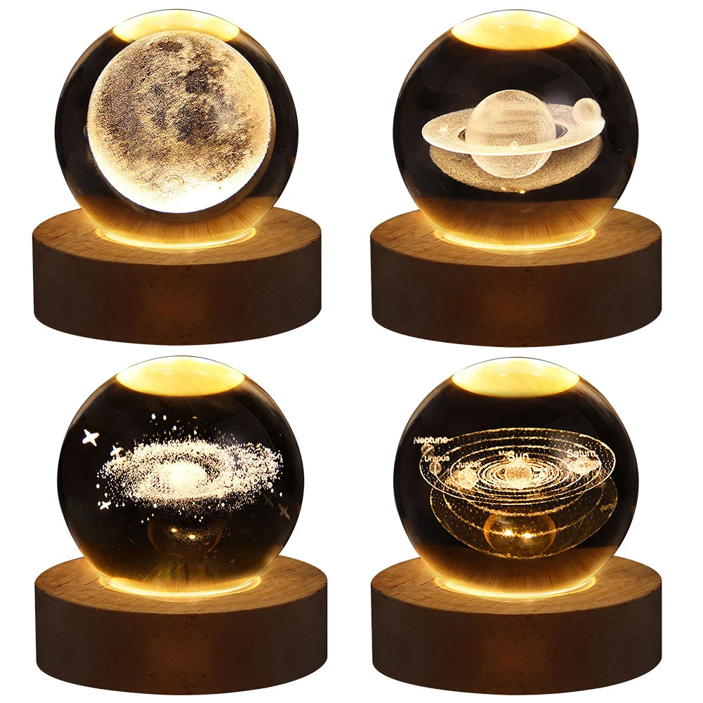 3D Crystal Ball Galaxy Night Light – LED Moon & Planet USB Table Lamp