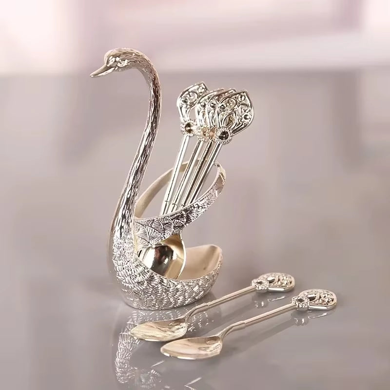 6Pcs Dessert Spoon Ice Cream Cake Scoop Swan Shaped Base Afternoon Tea Spoons Creative Zinc Alloy Tableware Kitchen Supplies