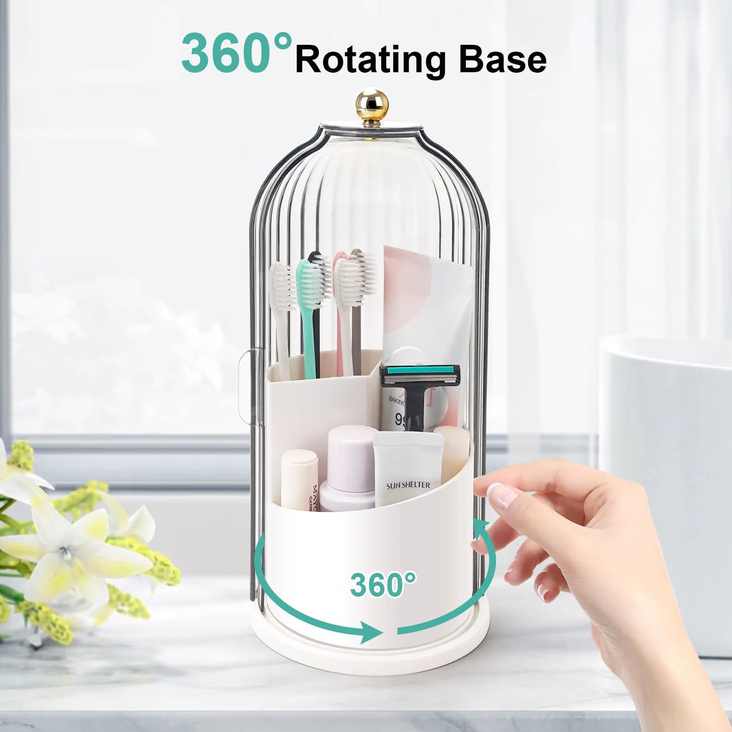 Toothbrush Holders with Sliding Lid, Rotating 3 Slots Bathroom Organizer Countertop, Tooth Brush Toothpaste Holder Bathroom Coun