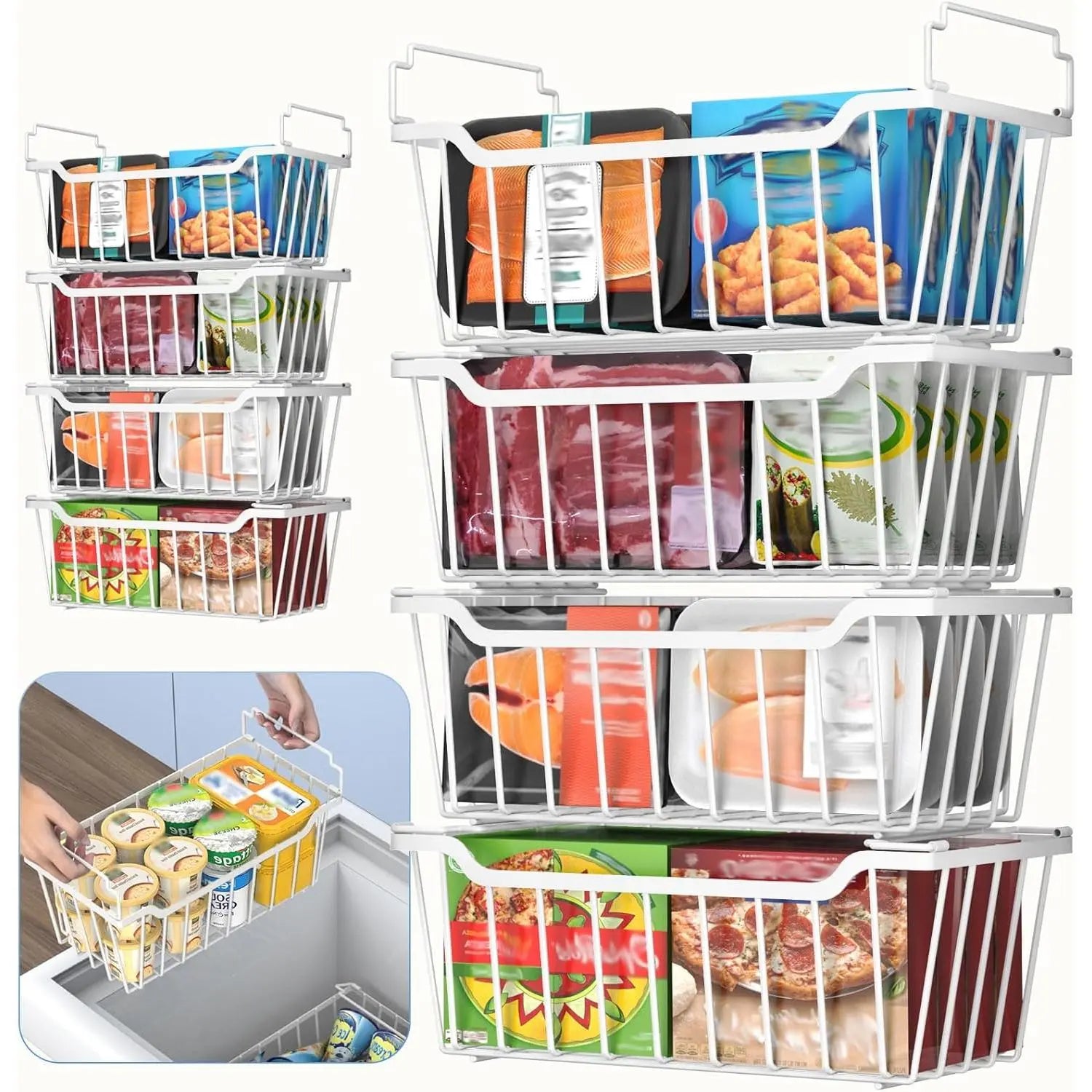 VANCASTLE Freezer Organizer Bins with Foldable Handle, Stackable Freezer Baskets for 3.5-7 Cu.Ft Deep Chest Freezer Organization, Coated Metal Freezer Storage Bins with Better Space Utilization