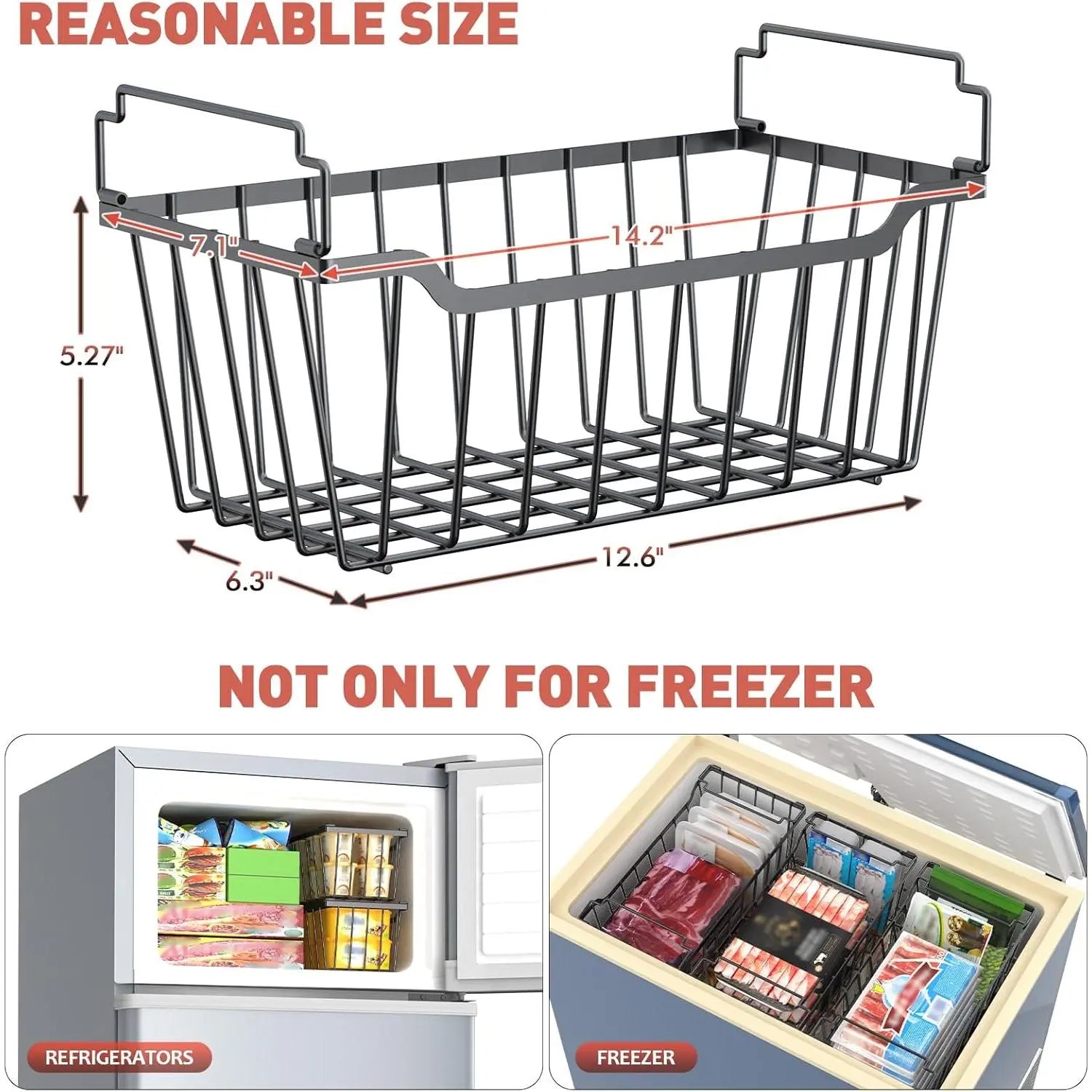 VANCASTLE Freezer Organizer Bins with Foldable Handle, Stackable Freezer Baskets for 3.5-7 Cu.Ft Deep Chest Freezer Organization, Coated Metal Freezer Storage Bins with Better Space Utilization